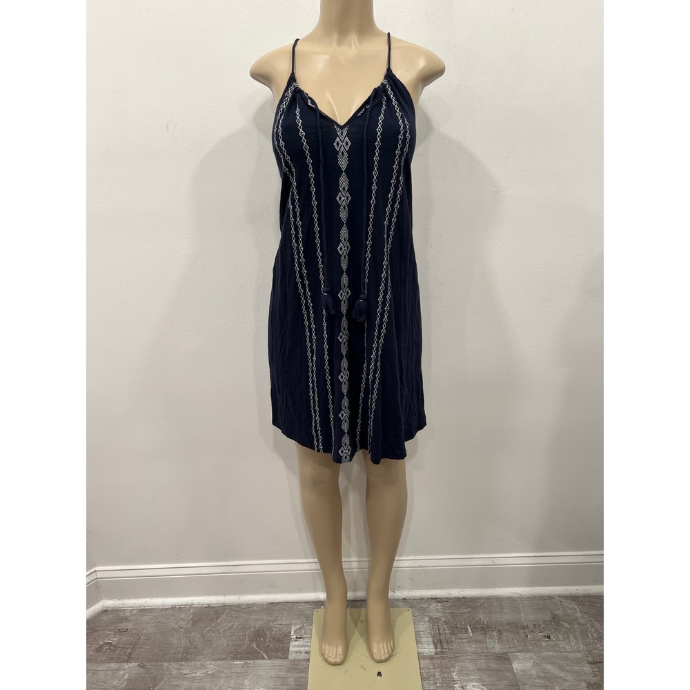 Merona Cotton Tunic Dress Womens Small Navy Blue Embroidered Tassels Mini Dress